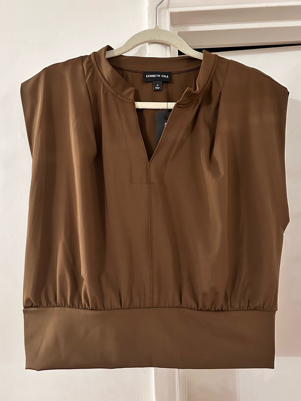 Kenneth Cole Chocolate Brown Satin Split-Neck Sleeveless Top
